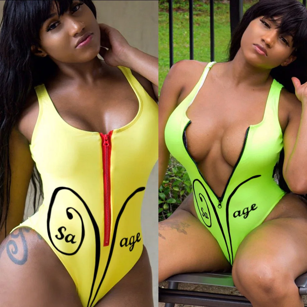 

Sexy One Piece Swimsuit Women Summer Beachwear Letter Print Personality Zipper Swimwear Bathing Suits Bodysuit Monokini Swimsuit