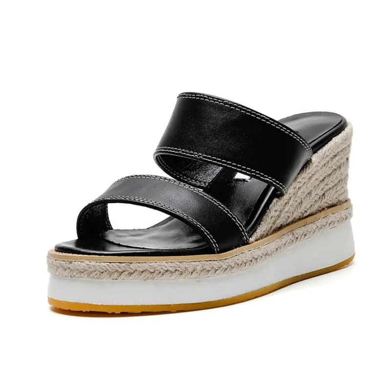 Women Wedges Heel Slippers Summer Genuine Leather Outside Platform Shoes Woman Black Beige Yellow High Heels Slides Sandal D018 | Обувь