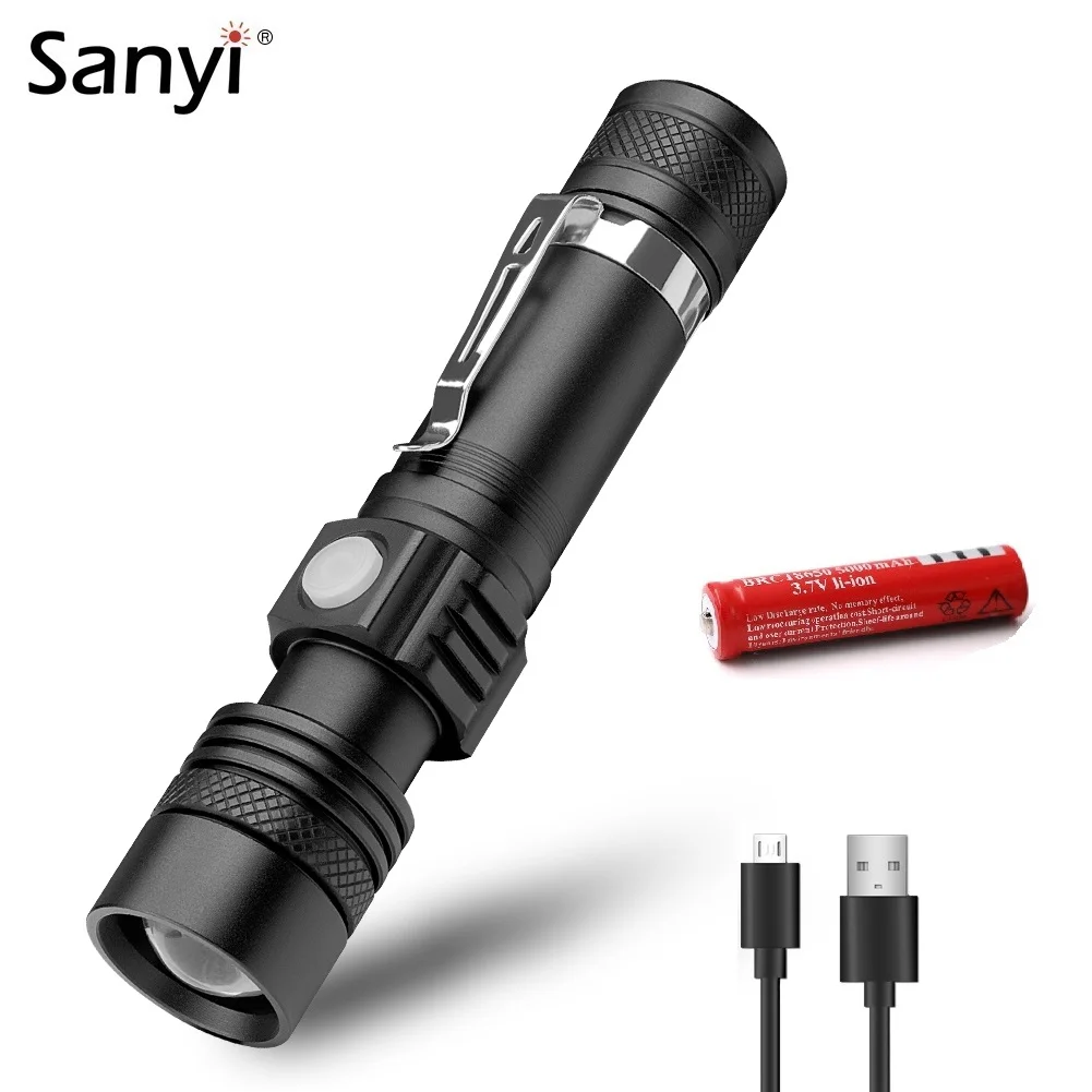 Светодиодный тактический фонарик Sanyi 3 режима XML T6 с фокусировкой и USB-зарядкой