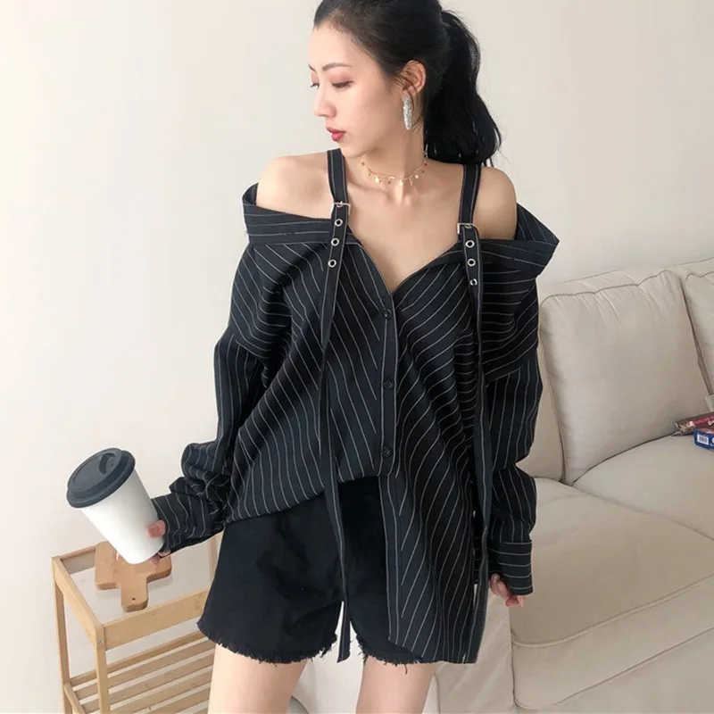 Женская блузка с открытыми плечами TWOTWINSTYLE весенне-осенняя в полоску длинным