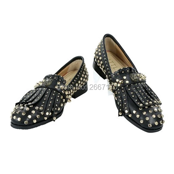 Celebrity Luxury 2019 Spring Summer Party Shoes Male Gold Stone Studded Black Leather Loafers Tasseled Fringe Rivet Men |