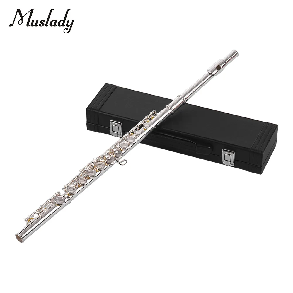 

Muslady 16 отверстий концерт флейта Флейта с отверстиями C Ключ флейты покрытая серебром с чистящей тканью стержень перчатки