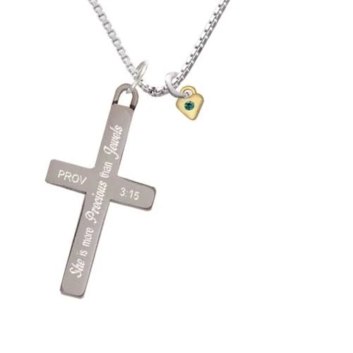 Mini December - Teal Crystal Gold-colored Tone Heart She Is More Precious Cross Necklace | Украшения и аксессуары