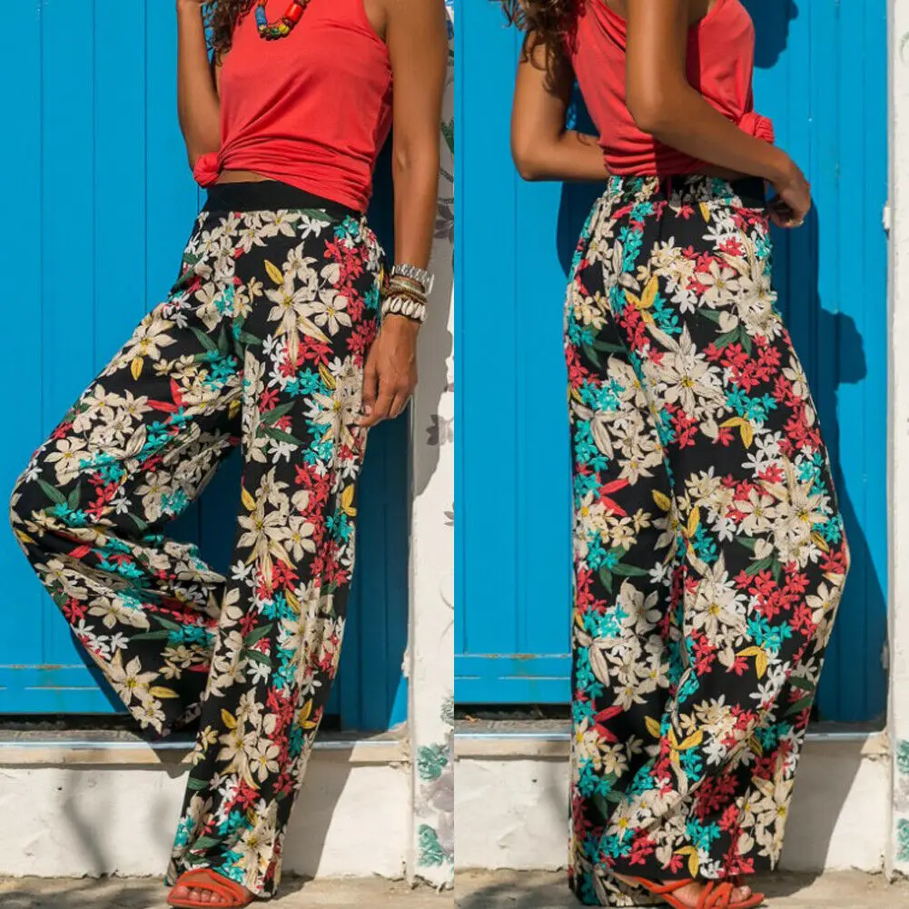 Женские шаровары с цветочным принтом широкие брюки в стиле бохо хиппи