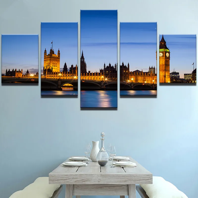 

Wall Art Canvas Print 5 Panels Big Ben Bridge Night Landscape Modular Picture Home Decorative For Modern Living Room Artwork