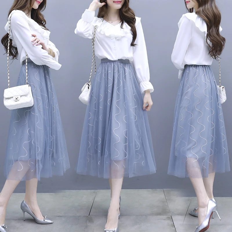 2019 Spring New Woman Fairy Two-Piece Sweet French Fashion Suits White Chiffon Shirt V Neck Blouse Top Long Net Skirt S-XXL |