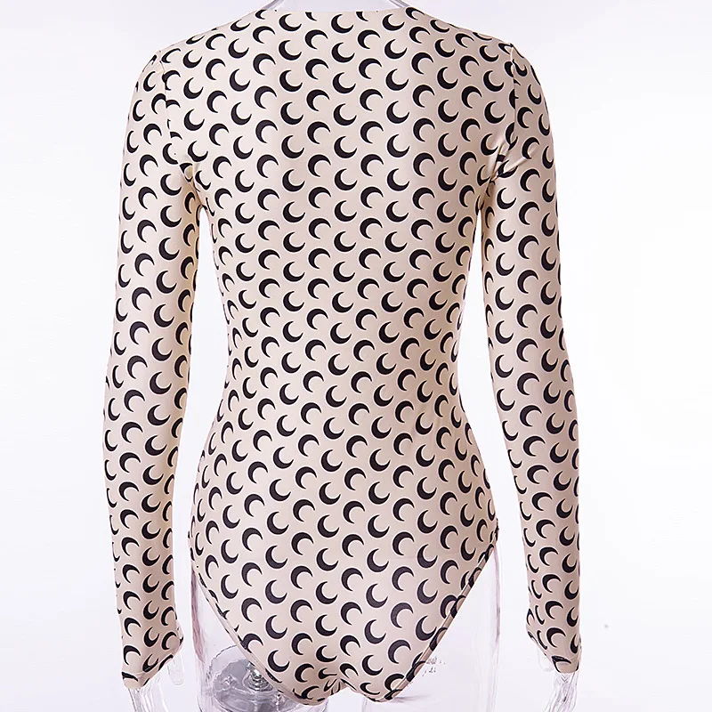 Long Sleeve Bodysuits Women Round Collar Crescent Print Slim Jumpsuits Pastel Goth Fashion | Женская одежда