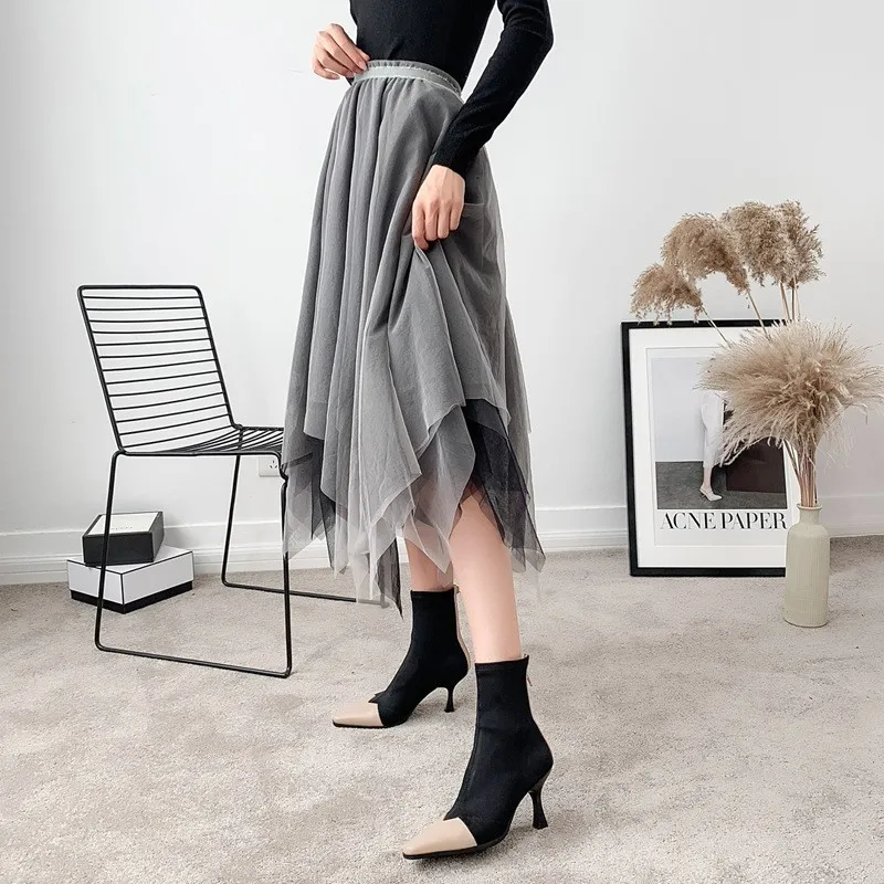 TWOTWINSTYLE Асимметричный сетки юбки для женщин Высокая талия женская Юбка-миди