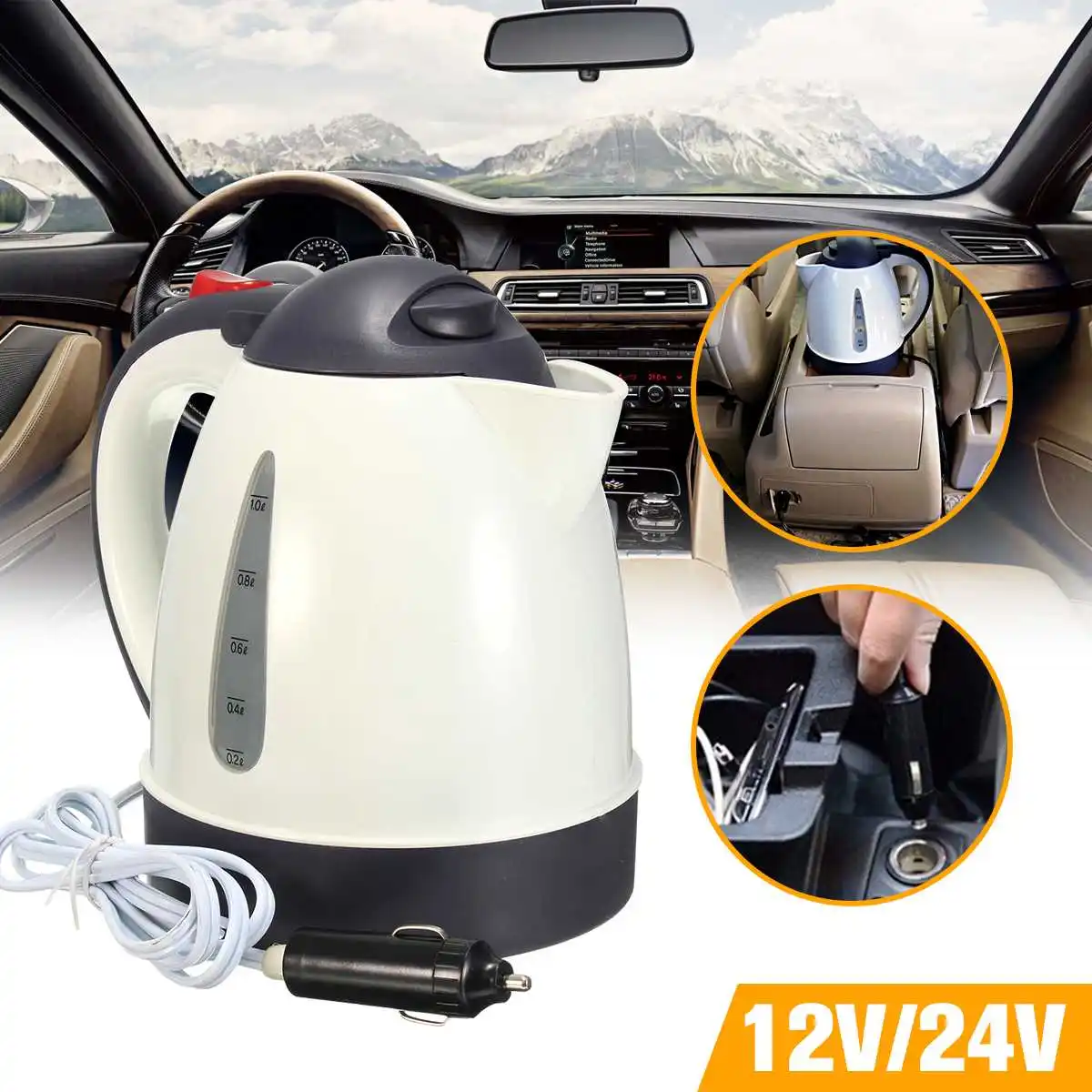 

1000ml 304 Stainless Steel Car kettle Portable Auto Car Water Heater Warmer Travel Mains Kettle 12V/24V for Coffee Hot Tea
