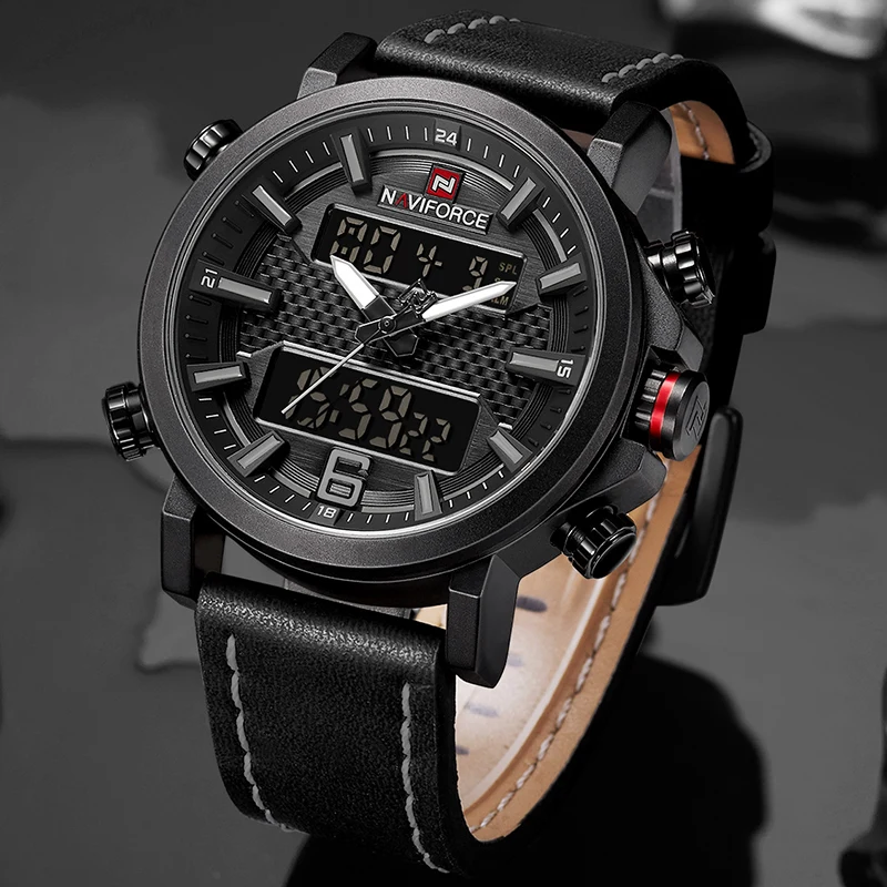 Часы NAVIFORCE мужские модные спортивные кожаные водонепроницаемые кварцевые