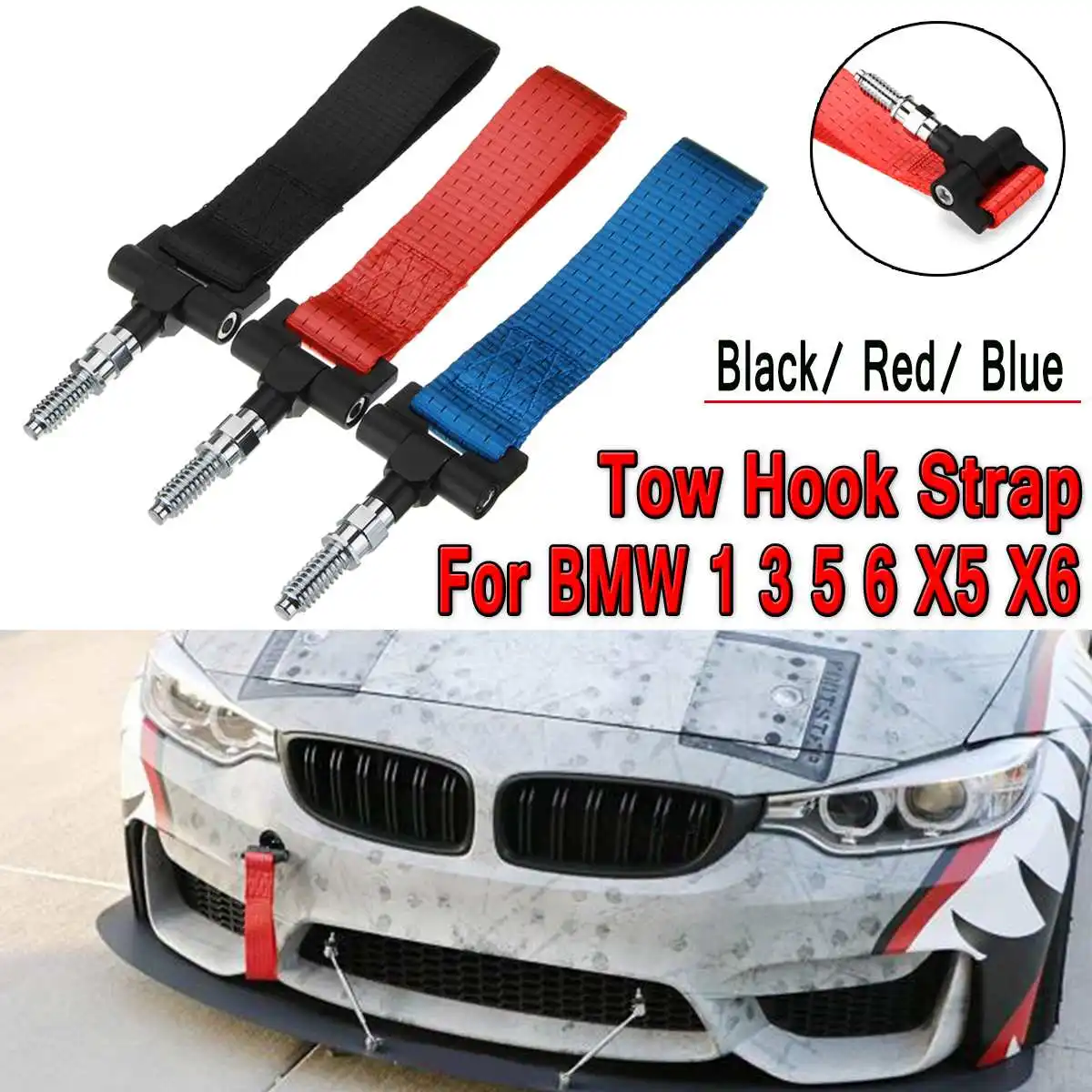 

Nylon Track Racing Style Trailer Tow Hook Strap Screw on Towing Ropes for BMW 1 3 5 6 X5 X6 Series Red Blue Black Accessories