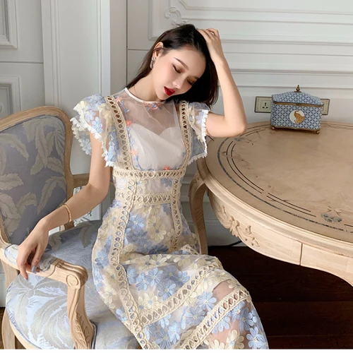 

High Quality 2019 Summer Dress Women Mesh Embroidery Lace Patchwork Dress Butterfly Sleeve O-neck Vintage Long Dresses Vestidos