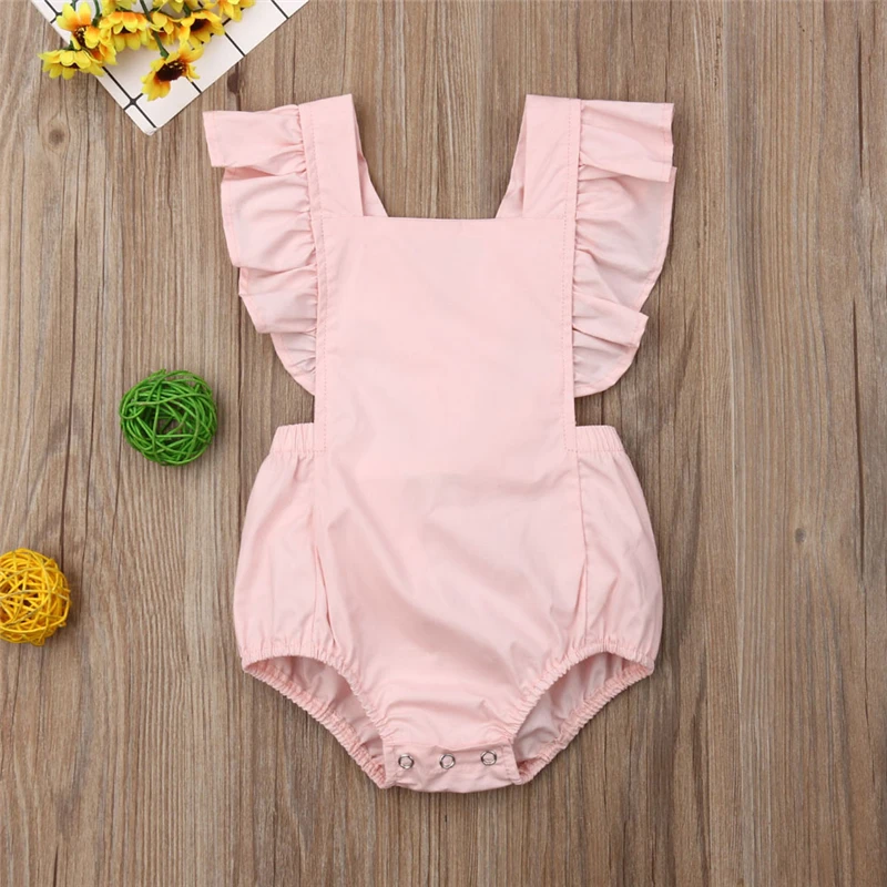 

Summer Cute Pink Infant Baby Girl Clothes Solid Color Ruffle Bodysuit Jumpsuit Clothes Outfits One Pieces