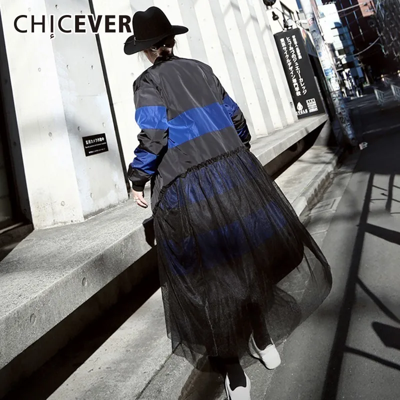 CHICEVER лоскутное Сетчатое пальто для женщин ветровка хит цвет однобортный длинный
