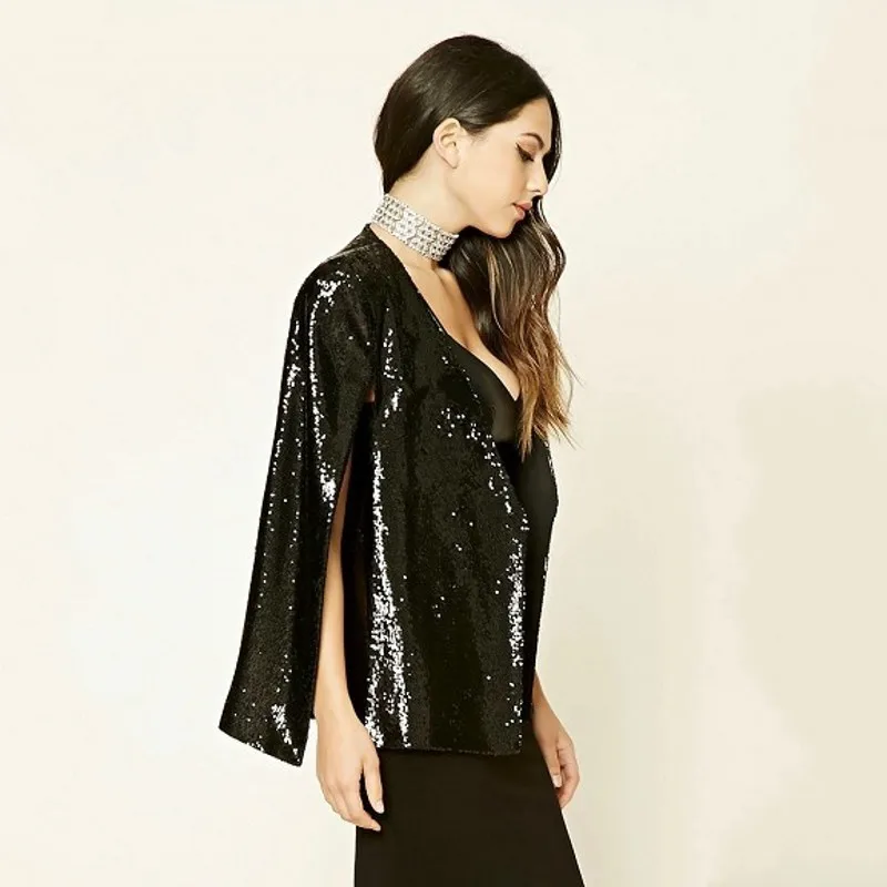 Women Black Sequins Cloak Cape Blazer 2022 Spring Autumn Lapel Split Long Sleeve Feminino Blazer Coat Female Suit Jacket Outwear