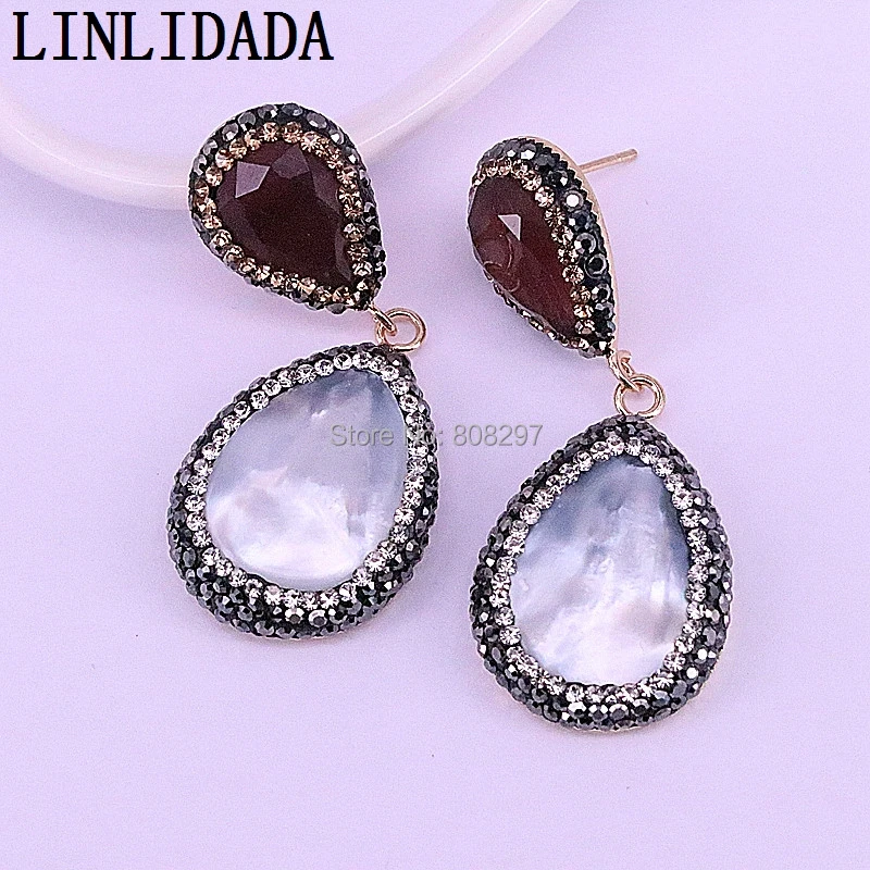 

5Pair Natural white shell dangle earrings for woman crystal rhinestone paved drop earrings gem jewelry