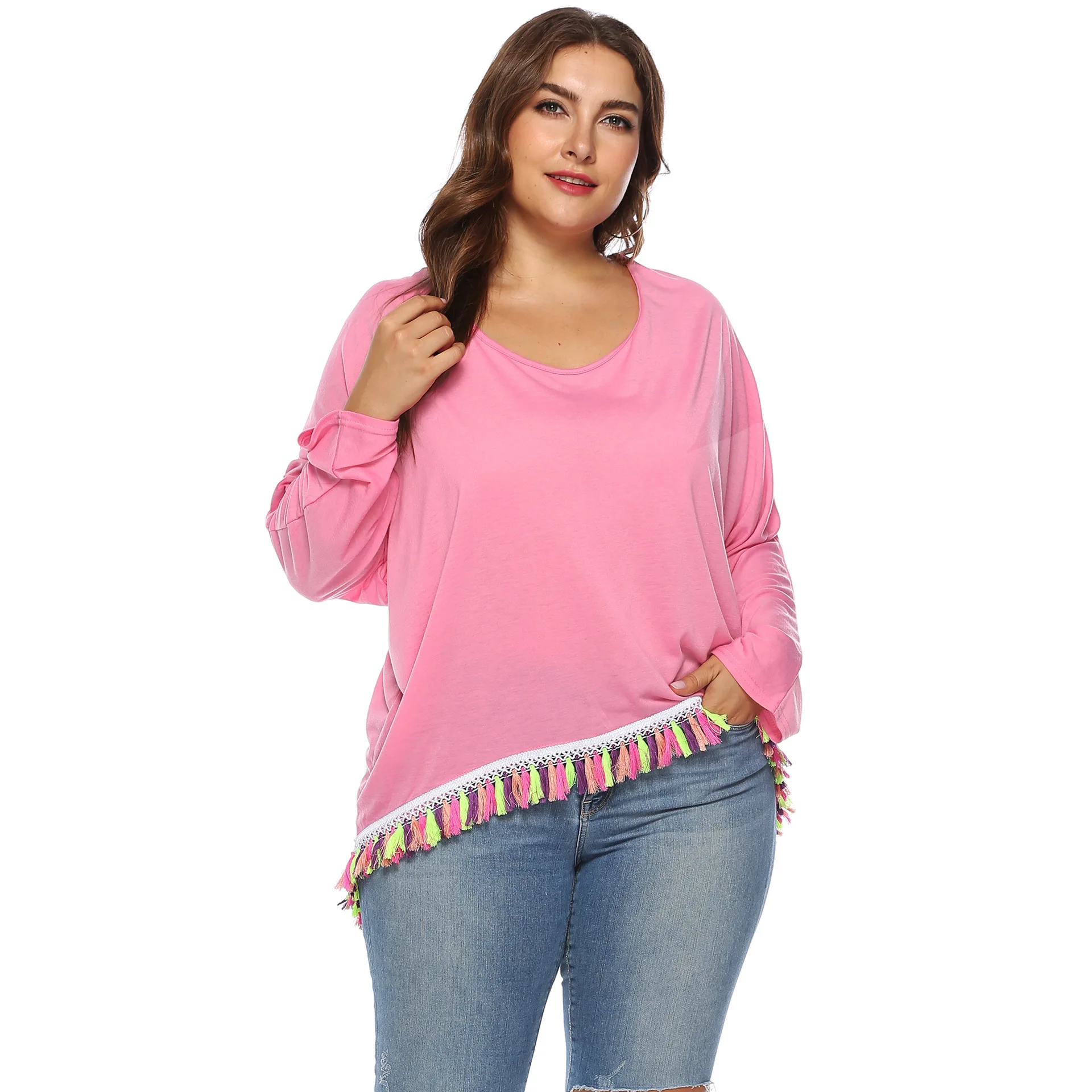 Женская Асимметричная футболка с рукавами летучая мышь NORA летняя кисточками