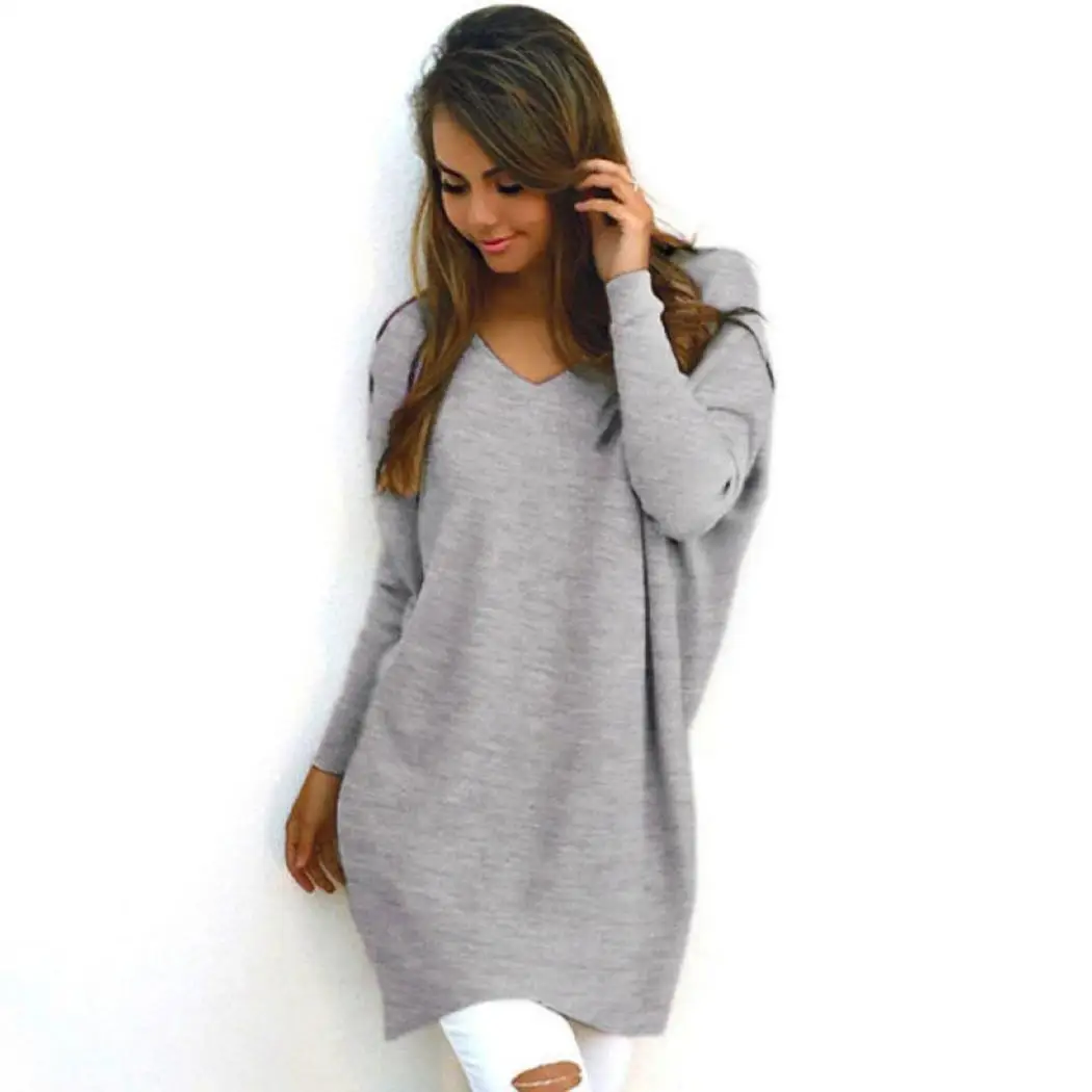Women Fashion Casual V-neck Long Sleeve Solid Autumn Spring Loose Pullover Sweater | Женская одежда
