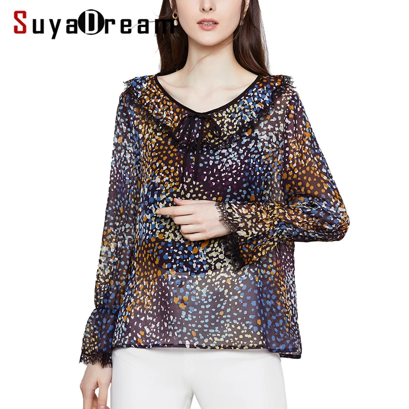

SuyaDream Women Silk Blouse 100% REAL SILK GEORGETTE Printed V Neck Long Sleeved Lace Blouse Shirt 2020 Spring Autumn Top