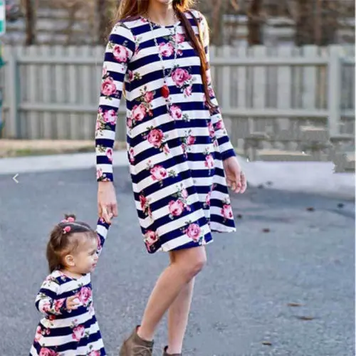 Family Clothing Matching Mother And Daughter Clothes Striped Casual Long Sleeve Dresses Outfits | Мать и ребенок