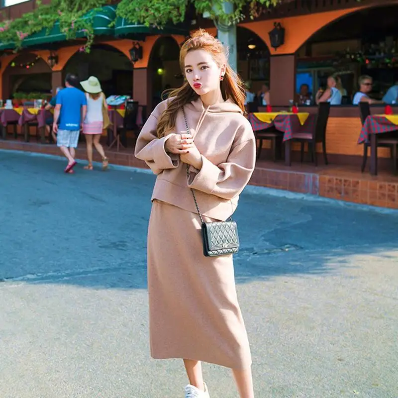 Fashion Sweatshirt Suit Korean Version Loose Casual Office Lady Hooded And Half Body Skirt Fresh Sweet |