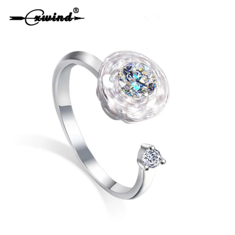 Cxwind Rotating Ring Cute Design Flexible Sparkling Round CZ Crystal Rings For Women Elegant Adjustable Finger Jewelry | Украшения и