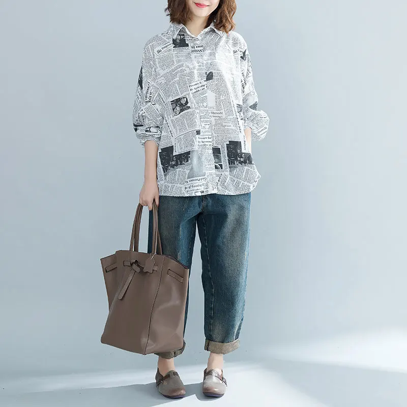 BUYKUD Spring Autumn Cotton and Polyester Shirt Casual Women Long Batwing Sleeve Printing Turn-down Collar Middle Length |