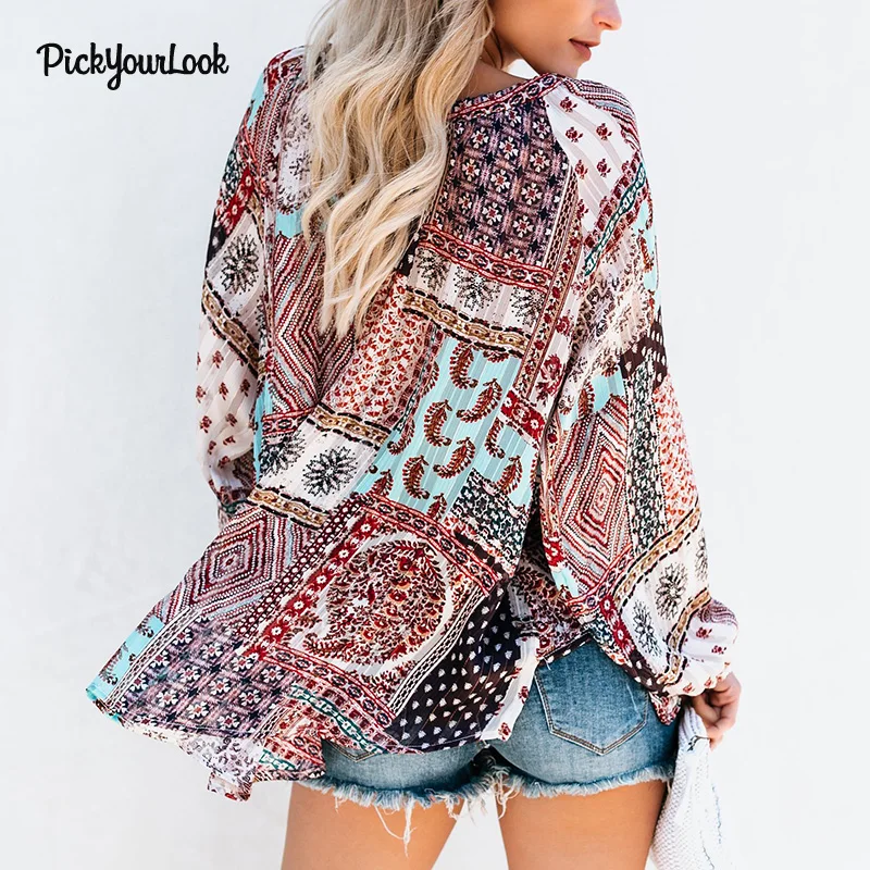 Pickyourlook Женские топы и блузки с длинным рукавом богемные пляжные свободные