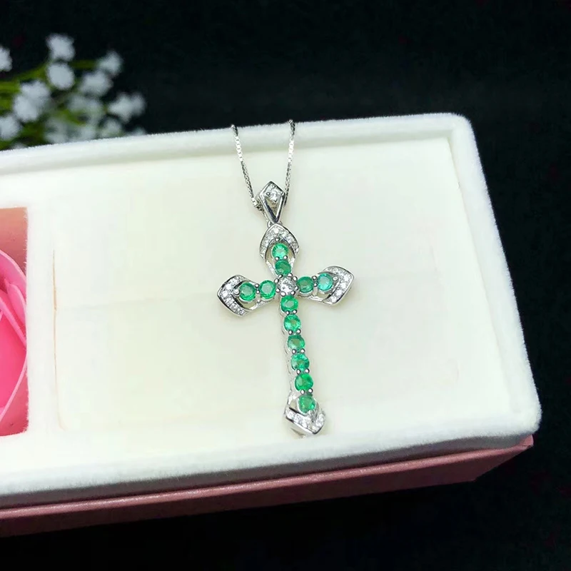 Vintage Style Silver Cross Pendant for Woman 12 Pcs Natural Emerald 925 Jewelry Birthday Gift | Украшения и аксессуары