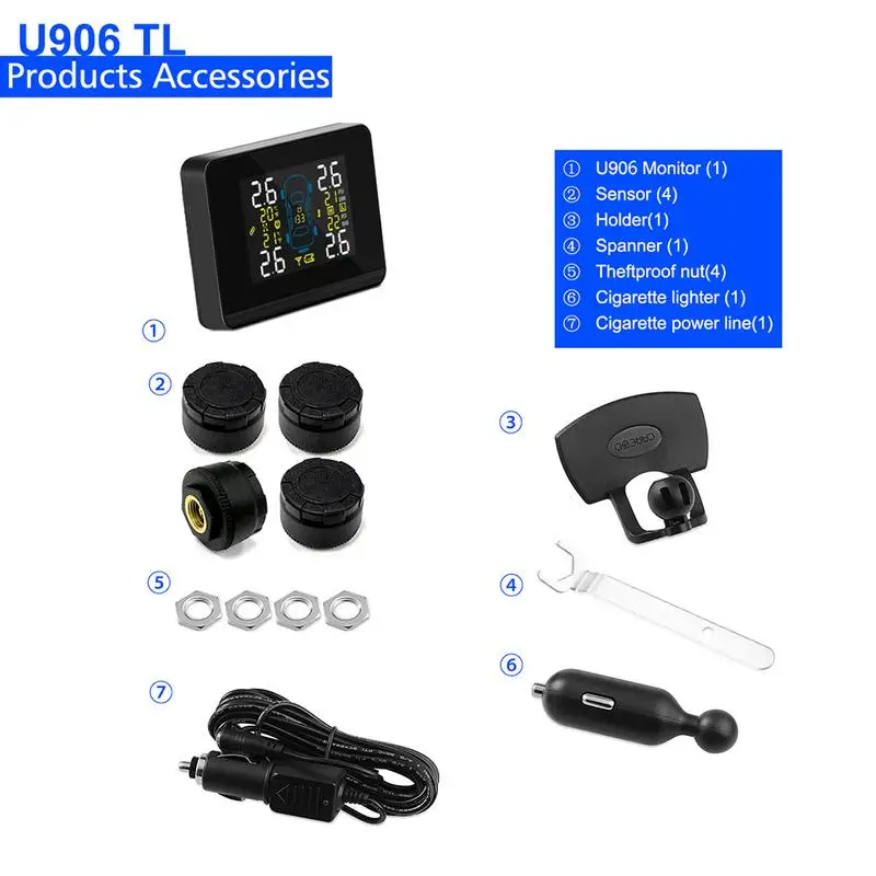

CAREUD DC8V-DC16V Universal Car TPMS Car Wireless Tire Pressure Monitoring System 4 Wheel Tires External Sensor LCD Display