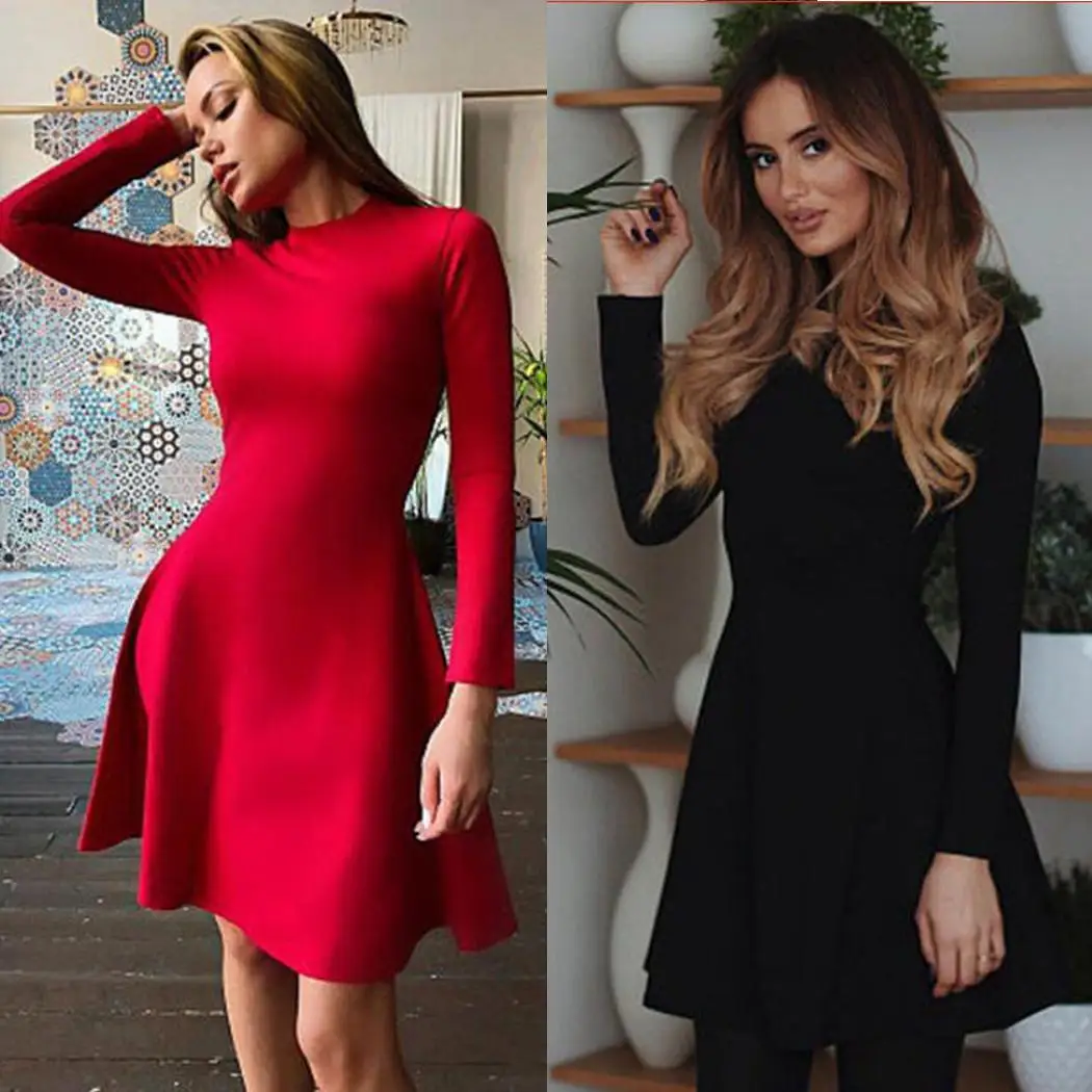 Для женщин Повседневное с длинным рукавом Высокая талия Твердые Тонкий Bodycon мини