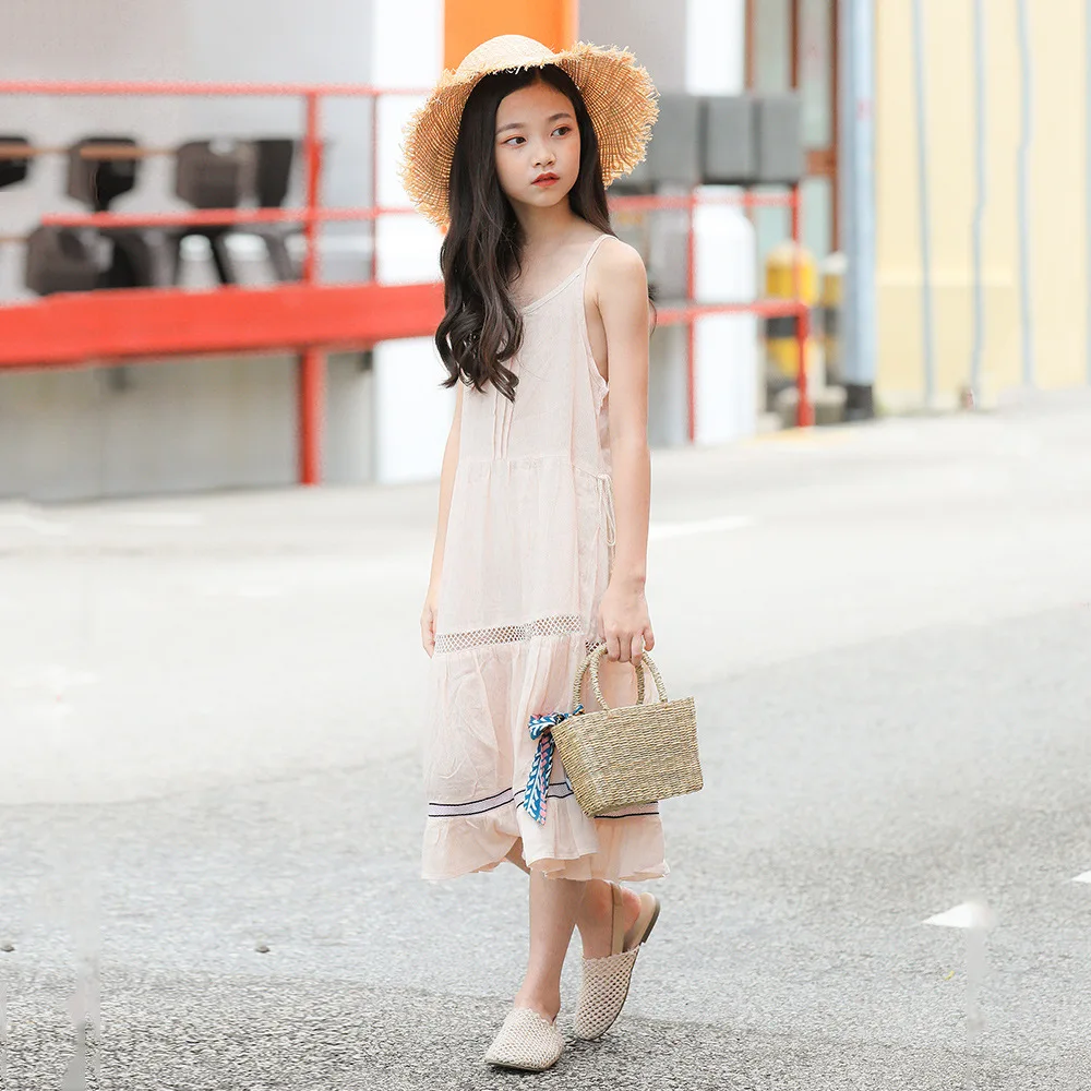 2019 Summer Sleeveless Chiffon Maxi Dresses Children Sling Sundress kids Princess Party Frocks Big Girls Boho Beach Vestidos | Детская