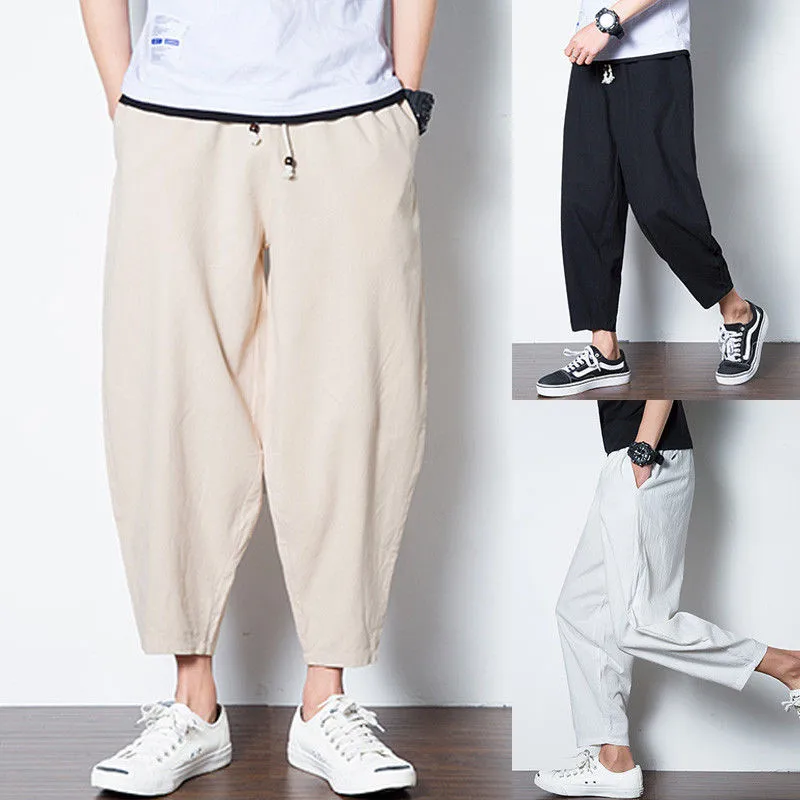 Mens Ankle-Length Loose Baggy Harem Pants Elastic Drawstring Waist Cotton Casual Crop Trousers Fashion Man Streetwear | Мужская одежда
