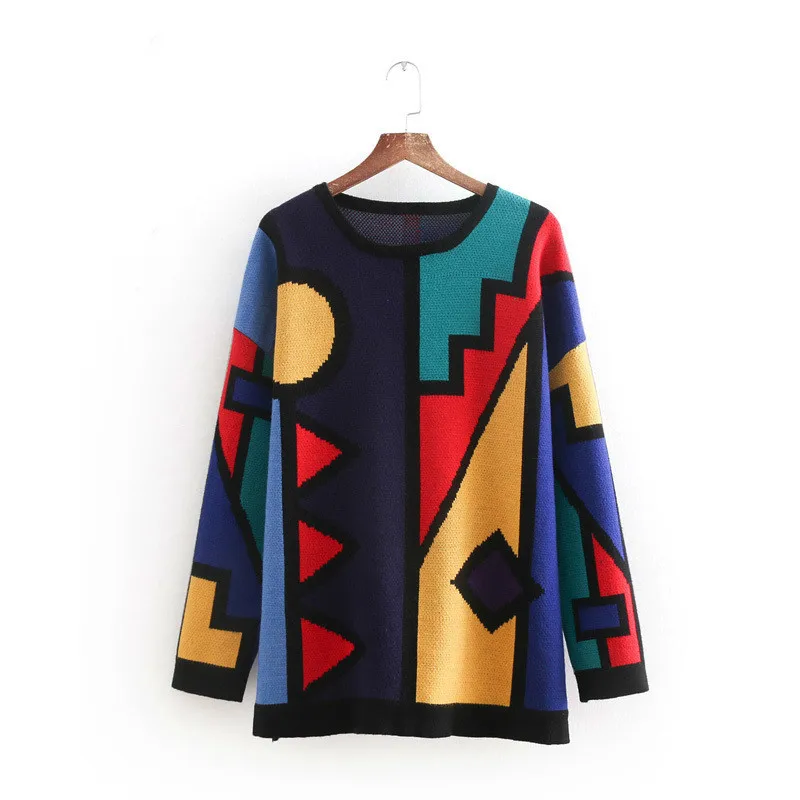 Twojstyle 2018 Autumn Winter Women Sleeve Knitwear Fashion Able Color Geometric Long Sleeved Round Collar Loose Knitted Sweater | Женская
