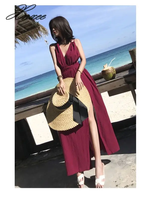 

2020 Summer Sexy Backless Long Dress Split Deep V Wine Red Seaside Holiday Long Dress Backless Beach Women Clothing