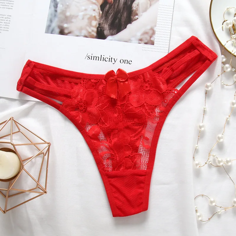 AIIOU Sexy Bikini Underwear Women Thong Lace Floral Flowers Embroidery Low Waist Intimates Erotic Bandages Panties Underwear