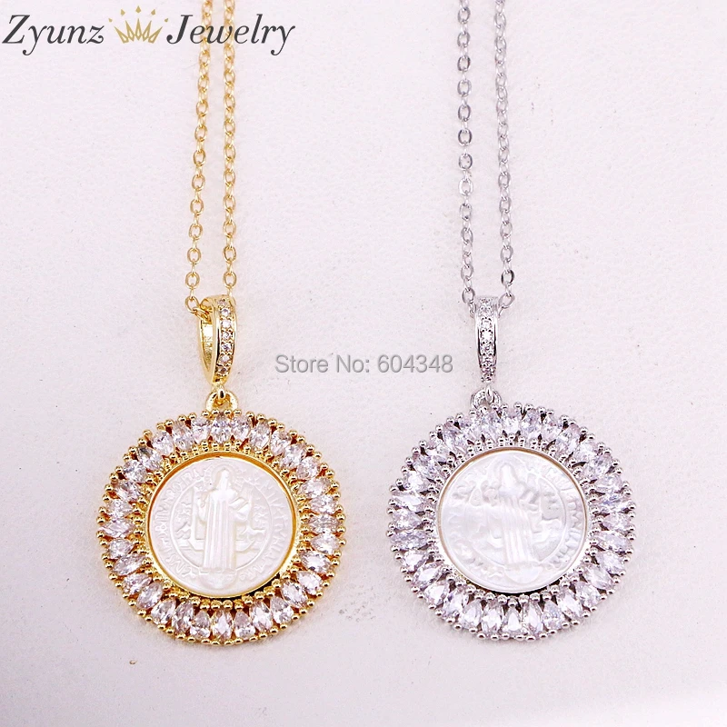 

5 Strands ZYZ323-8784 CZ Pave Pendant, CZ Micro Pave Mary/Jesus shell Jewelry Round Cubic Zirconia Pave Pendant Necklace