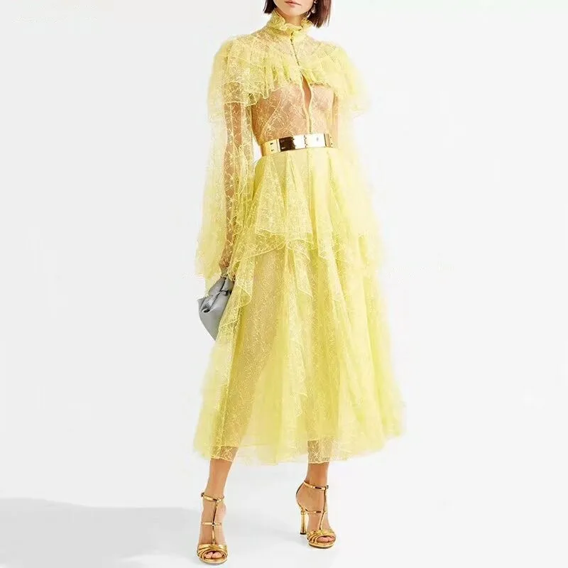 2019 Runway вышивка Для женщин костюм с расклешенными рукавами полупрозрачный Топ