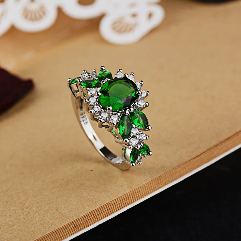 Обручальные кольца Anillos De с круглыми камнями и изумрудом для женщин, 925 пробы, серебряные, изумрудные, с кристаллами, ювелирные изделия, кольца
