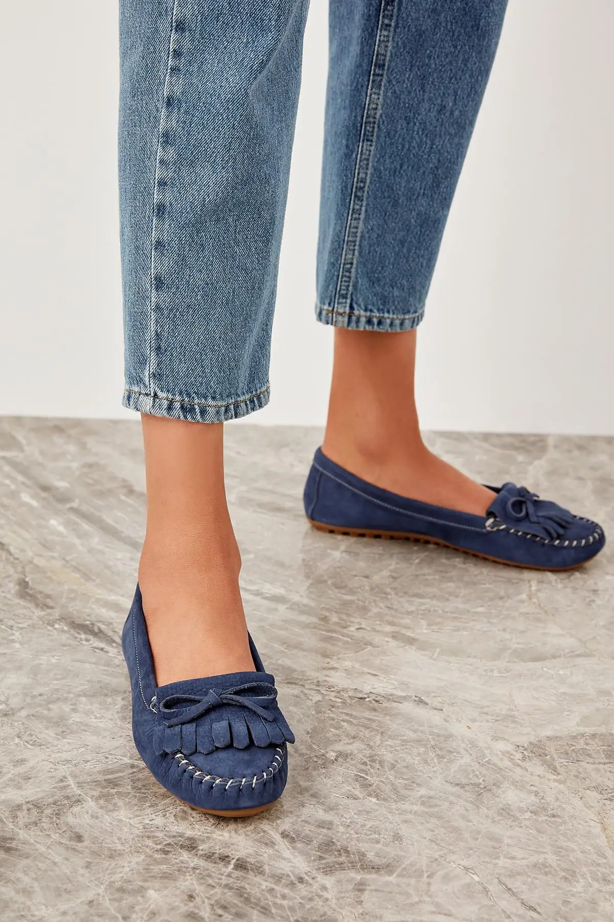 Trendyol/женские лоферы из натуральной кожи темно синего нубука TAKSS19TL0008|Обувь без