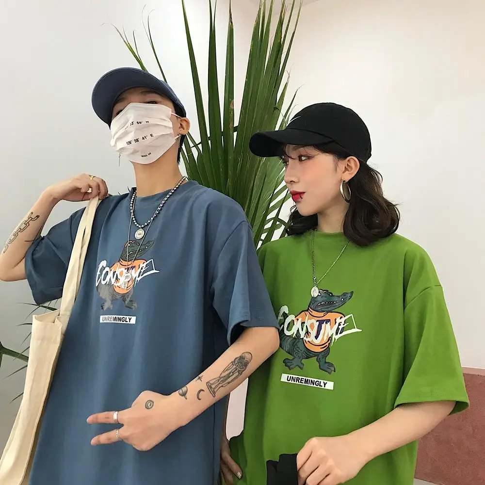 Harajuku Ulzzang футболка оверсайз с мультяшным принтом футболки коротким рукавом в
