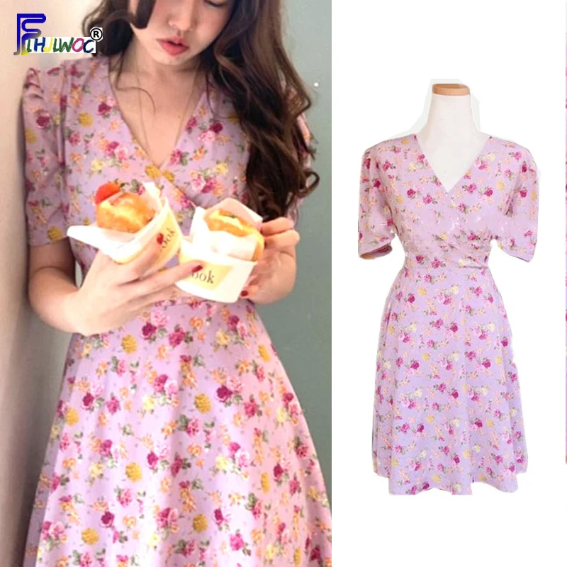 

Женское летнее платье, лидер продаж, милое винтажное мини-платье в японском и корейском стиле с галстуком-бабочкой А-силуэта фиолетового цв...