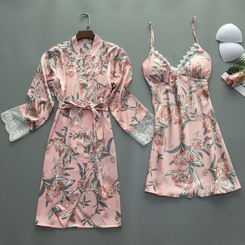 

Summer Women Robe Gown Sets With Chest Pads Sexy Satin Sleepwear Lace Nightdress Bride Bridesmaid Robes Silk Pyjama