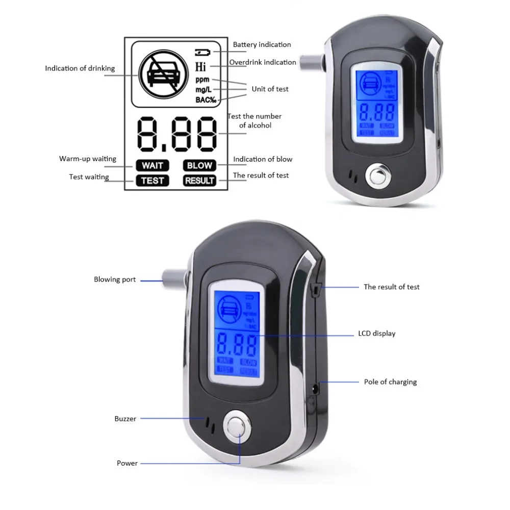 Professional Digital Breath Alcohol Tester Breathalyzer with LCD Dispaly 5 Mouthpieces Police Parking Breathalyser | Автомобили и