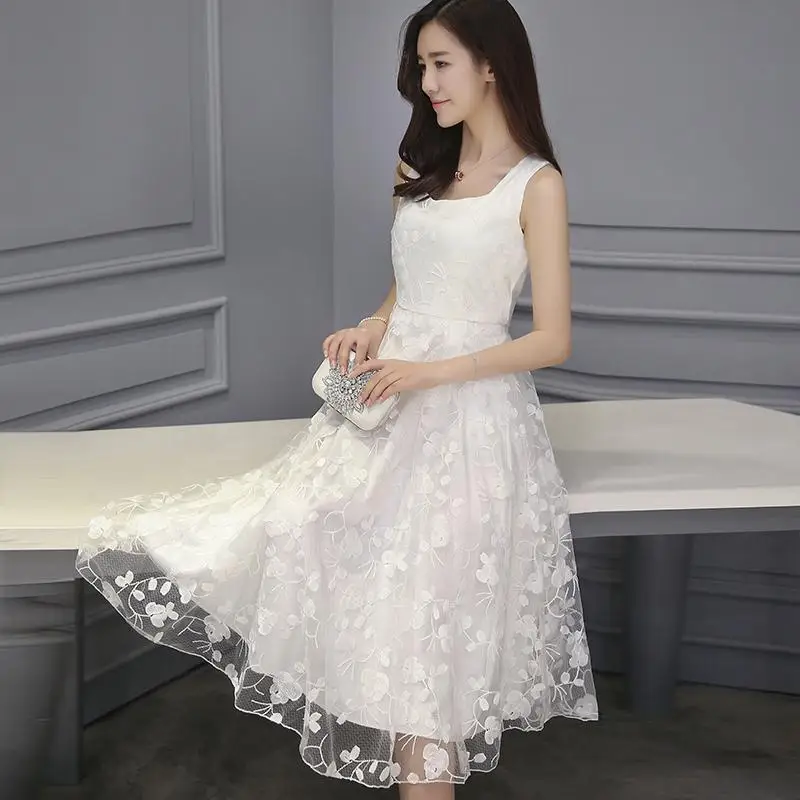 MISSKY женское летнее платье одноцветное белое Цвет кружевное без рукавов с круглым