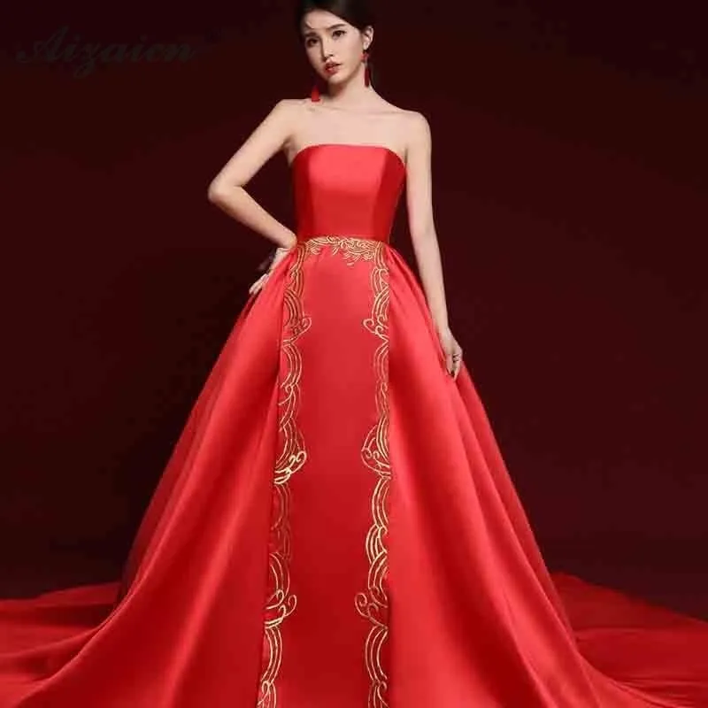 Восточный стиль, красное платье Хост, длинное, Cheongsam, современная вышивка невесты, Qi Pao, женское традиционное китайское платье, модное шоу