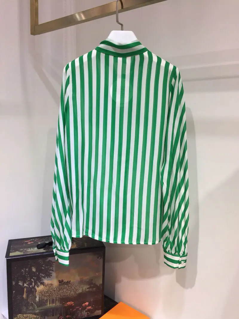 2019 new 100% silk striped lantern sleeve bow collar shirt 1 colour 3 sizes women Spring clothes | Женская одежда