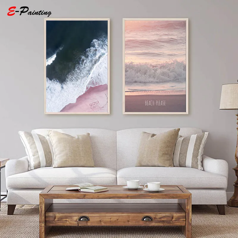 Modern Sea Wave Landscape Pink Seaside Beach Photography Print Post Wall Art Canvas Painting Living Room Home Decor |