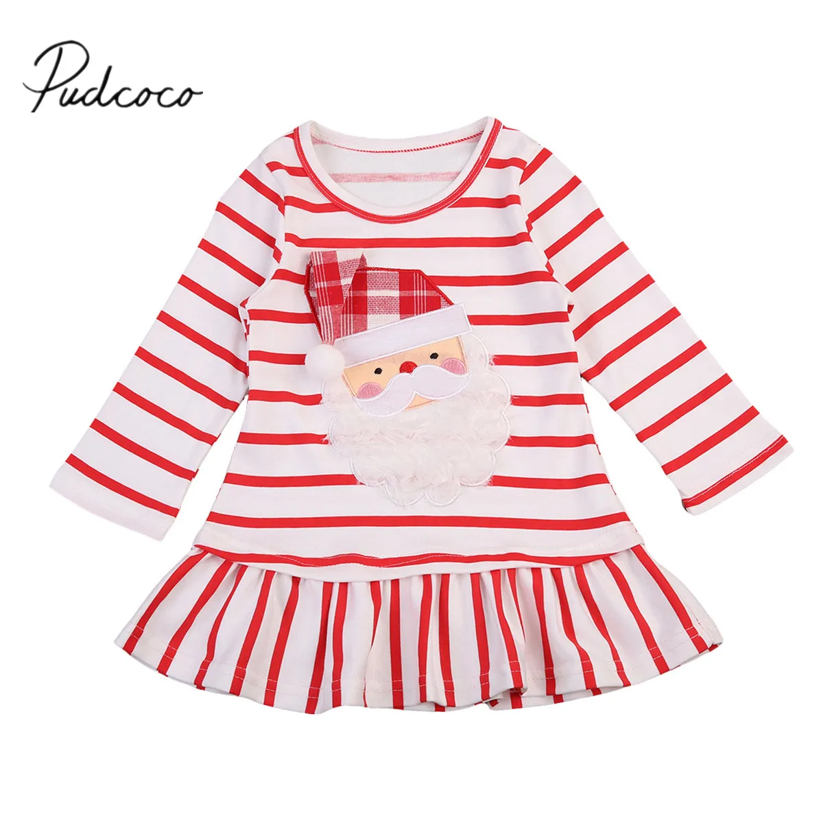 2018 Brand New Christmas Baby Girls Dress Casual Princess Striped Dresses Santa Claus Long Sleeve A-Line Outfit 0-5Y | Детская одежда и