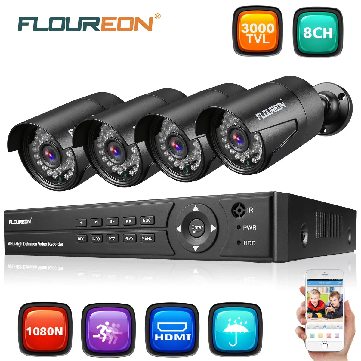 Floureon 1 X 8CH 1080P 1080N AHD DVR + 4 Открытый 3000TVL 2.0MP камера безопасности комплекты США